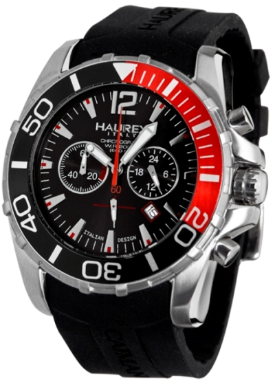 Haurex Mens 3A354UNR CAIMANO 2 Chronograph Black Dial Red Accents Divers Watch